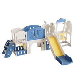 Toddler Slide Kids Playground With Basketball Hoop And Swing - Blue Yellow