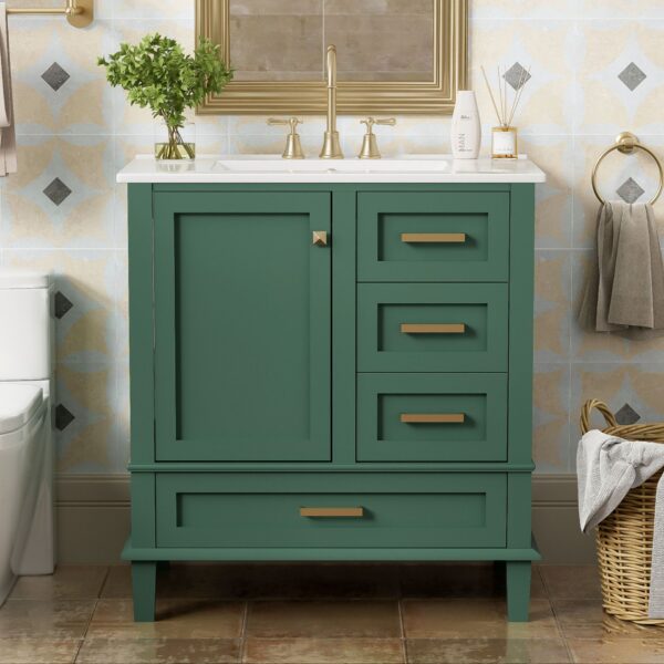 Bathroom Vanity, Modern Bathroom Cabinet With Sink Combo Set, Bathroom Storage Cabinet With A Soft Closing Door And 3 Drawers, Solid Wood Frame - Green