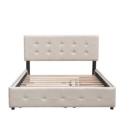 Queen Size Upholstered Platform Bed With 2 Drawers And 1 Twin Long Trundle - Dark Beige