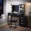 Vanity Desk With Lights, Makeup Vanity Set With Charging Station, Dressing Table With 5 Drawers And Cabinet, Vanity Mirror 3 Lighting Color Adjustable - Black - Image 4