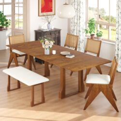 Modern 6 Piece Extendable Dining Table Set With 4 Wicker Back Upholstered Dining Chairs And Long Bench, 2 Removable Leaf - Walnut