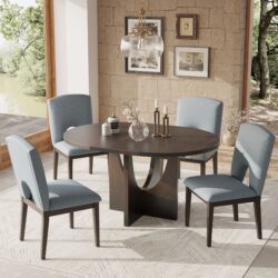 Topmax - 5 Piece Modern Extendable Round Dining Table Set With Removable Leaf For Small Places - Espresso / Gray