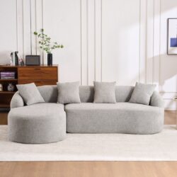 Compression Sofa: Combining Chaise Longue With 3 Seater, Wood Grain Chenille Fabric, Full Sponge Compression Sofa, Combined Sofa With 4 Pillows For Living / Home Furniture / Apartment - Gray