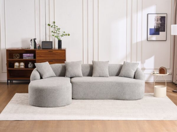 Compression Sofa: Combining Chaise Longue With 3 Seater, Wood Grain Chenille Fabric, Full Sponge Compression Sofa, Combined Sofa With 4 Pillows For Living / Home Furniture / Apartment - Gray