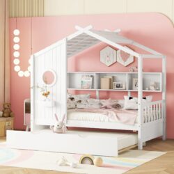 Twin Size House Bed With Trundle, Modern Design For Kids With Storage Shlef - White