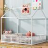 Full Size Metal House Bed With Fence And Door - White - Image 2