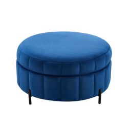 Upholstered Round Ottoman With Reversible Lid, Velvet Storage Stool, Channel Tufted Pumpkin Shape Footstool For Living Room, Bedroom And Office - Navy