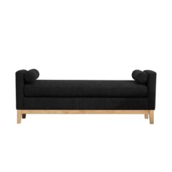 Elegant Upholstered Bench Daybed Ottoman With Nature Wood Legs & Bolster Pillows - Black Boucle
