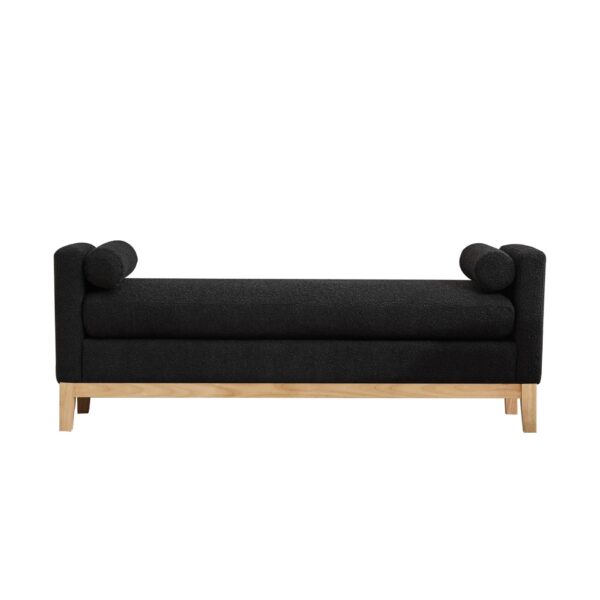 Elegant Upholstered Bench Daybed Ottoman With Nature Wood Legs & Bolster Pillows - Black Boucle