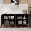 Modern Sideboard Buffet Cabinet With Handleless Press To Open Design, Carved Credenza Storage Cabinet With 4 Doors Construction - Black - Image 6
