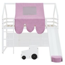 Twin Size Charming House Shaped Loft Bed With Tent And Slide - White / Pink