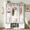 5 In 1 Entryway Bench With Coat Rack, 7 Sturdy Hooks, 2 Spacious Drawers And Adjustable Shelves, Wide Hall Tree With Metal Handles For Hallway - White - Image 4