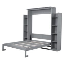 Queen Size Murphy Wall Bed With Shelves And LED Lights - Gray