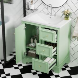 Bathroom Vanity Cabinet With Ceramic Basin, 3 Drawers And Adjustable Shelves - Green