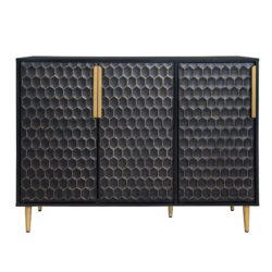 3 Door Storage Cabinet, Buffet Sideboard With Adjustable Shelves, Honeycomb Seamless Hexagons Pattern Metal Door For Living Room, Dining Room, Kitchen, Entrance - Black