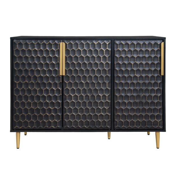 3 Door Storage Cabinet, Buffet Sideboard With Adjustable Shelves, Honeycomb Seamless Hexagons Pattern Metal Door For Living Room, Dining Room, Kitchen, Entrance - Black