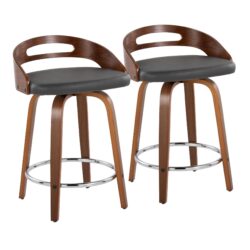 Cassis - Mid-Century Modern Fixed Height Counter Stool With Swivel With Round Footrest (Set of 2) - Walnut / Gray