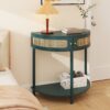 Boho Rattan Semi Circle End Table With Sliding Rattan Door, Elegant Entryway Console With Storage And Bottom Shelf - Antique Green - Image 13
