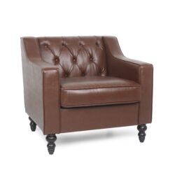 Contemporary Club Chair With Button Tufting And Birch Wood Legs - Dark Brown
