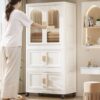 Side Wide Folding Wardrobe, With Magnetic Door, Plastic Storage Cabinet With Wheels (1 Layer Of Wardrobe + 2 Layers Of Folding Boxes + 10 Hangers) - Cream White - Image 10