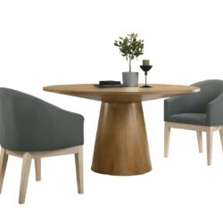 Jasper - 3 Piece Round Dining Table Set With Gray Barrel Chairs (Set of 3) - Driftwood Finish
