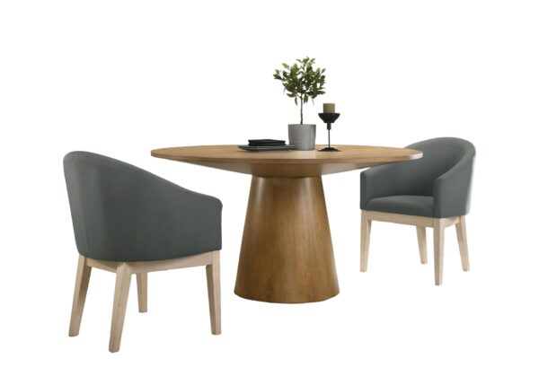 Jasper - 3 Piece Round Dining Table Set With Gray Barrel Chairs (Set of 3) - Driftwood Finish