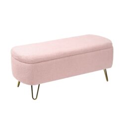 Storage Ottoman Bench For End Of Bed Gold Legs, Modern Gray Faux Fur Entryway Bench Upholstered Padded With Storage For Living Room Bedroom - Pink