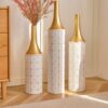 Floor Metal Vases Decorated White Metal Vases (Set of 3) Gorgeous Home Decoration Large Glazed Metal Vases - White / Gold - Image 20