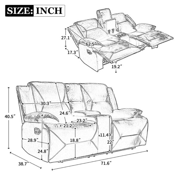 2 Seater Home Theater Recliner Manual Recliner Chair With A Led Light Strip Two Cup Holders And A Storage Box For Living Room - Black
