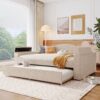 Full Size Upholstered Daybed With Storage Armrests, Trundle And Latest Integrated Bluetooth Audio System, Teddy Fleece - Beige - Image 11