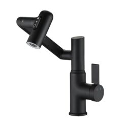 Modern Brass Bathroom Sink Faucet With Spray Function, Temperature Display & 360 Degree Rotary - Matte Black