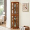 Corner Curio Cabinet With Lights, Adjustable Tempered Glass Shelves, Mirrored Back, Display Cabinet (E26 Light Bulb Not Included) - Oak - Image 8