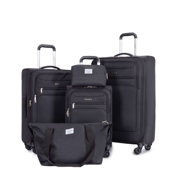 5 Piece Set (18/23/27/Travelbag /Toiletry Bag), Softshell Suitcase Spinner Wheels Terylene Polyester Luggage Sets Carry On Suitcase Luggage Lightweight Durable Suitcase - Black