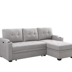 Mabel - Linen Fabric Sleeper Sectional With Cupholder, USB Charging Port And Pocket - Light Gray