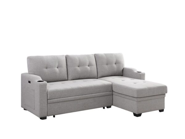 Mabel - Linen Fabric Sleeper Sectional With Cupholder, USB Charging Port And Pocket - Light Gray