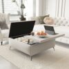 Modern Wood And Fabric Square Storage Ottoman Coffee Table With Lift - Top Design - Upholstered Bench For Living Room Organization - Beige - Image 2