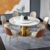 Round Stone Burning Table, Modern Marble Dining Table With 6 Chairs - Gold / White - Image 6