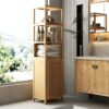 Bamboo Storage Tall Slim Cabinet With Shutter Door And 3 Tier Shelves For Living Room, Kitchen, Bathroom - Natural / Natural Multi / Natural Wood - Image 2