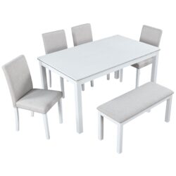 6 Piece Wooden Dining Table Set, Wooden Dining Table With 4 Upholstered Chairs And Bench For 6 People, Rectangular Dining Table Set With Crystal Decoration For Kitchen, Dining Room - White