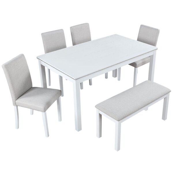 6 Piece Wooden Dining Table Set, Wooden Dining Table With 4 Upholstered Chairs And Bench For 6 People, Rectangular Dining Table Set With Crystal Decoration For Kitchen, Dining Room - White
