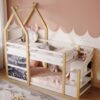 Twin Over Twin House Bunk Bed With White Storage Staircase And 2 Blackboards - White / Natural - Image 16