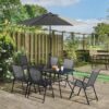 Outsunny - 8 Piece Patio Dining Set With Table Umbrella, 6 Folding Chairs And Rectangle Dining Table, Outdoor Patio Furniture Set - Black - Image 2