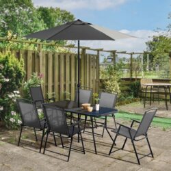 Outsunny - 8 Piece Patio Dining Set With Table Umbrella, 6 Folding Chairs And Rectangle Dining Table, Outdoor Patio Furniture Set - Black