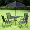 Outsunny - 6 Piece Patio Dining Set For 4 With Umbrella, Outdoor Table And Chairs With 4 Folding Dining Chairs & Round Glass Table For Garden, Backyard And Poolside - Black - Image 9