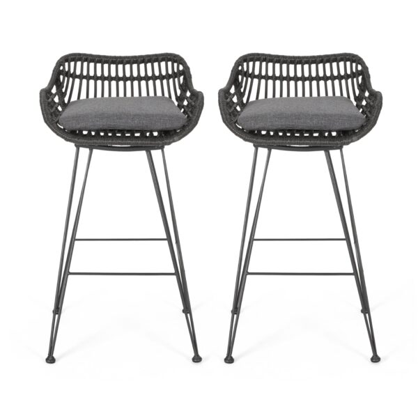 Outdoor Wicker Barstool With Cushions (Set of 2) - Gray