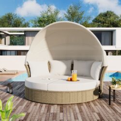 Outdoor Patio Daybed Wicker Rattan Double Daybed Round Sofa Furniture Set With Retractable Canopy, 4 Pillows For Lawn Garden Backyard Porch Pool - Beige