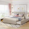 Queen Size Upholstered Platform Bed With 2 Drawers And 1 Twin Long Trundle - Dark Beige - Image 21