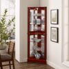 Corner Curio Dispaly Cabinet With Lights, Adjustable Tempered Glass Shelves, Mirrored Back (E26 Light Bulb Not Included) - Cherry - Image 7
