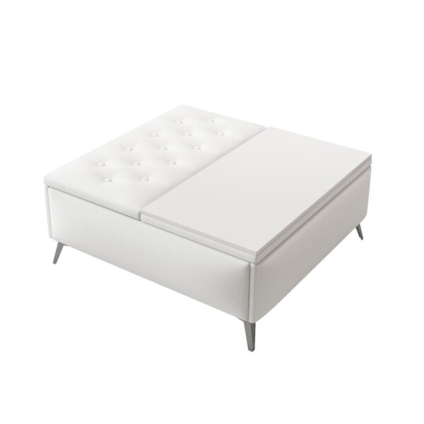 Modern Wood And Fabric Square Storage Ottoman Coffee Table With Lift - Top Design - Upholstered Bench For Living Room Organization - White