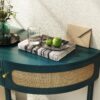 Boho Rattan Semi Circle End Table With Sliding Rattan Door, Elegant Entryway Console With Storage And Bottom Shelf - Antique Green - Image 8